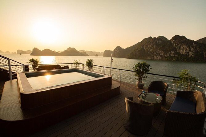 Doris Cruise 5 star cruise 2 days visiting Halong Bay Lan Ha Bay private balcony - Day 2: sunrise Tai Chi, breakfast timing, and Dark & Bright cave