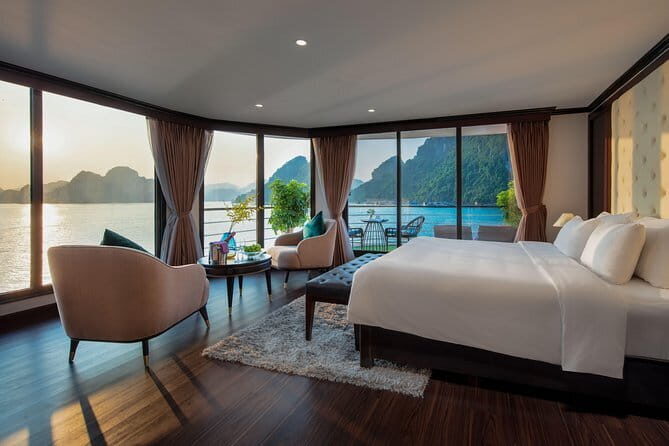 Erina Cruise 5-star cruise 2 day visit Lan Ha Bay private balcony - Day 2 starts at 6:00 a.m.: tai chi, breakfast, then Dark & Bright Cave