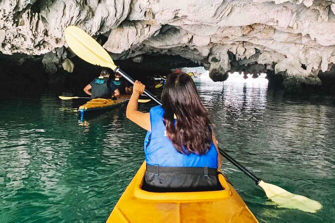 Excellent Halong Bay Day Cruise All Inclusive From Hanoi - Hang Luon Cave Lagoon: kayaking and bamboo boat time