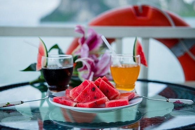 Ha Long bay Luxury cruise Day Trip - The cruise back and the sunset party setup
